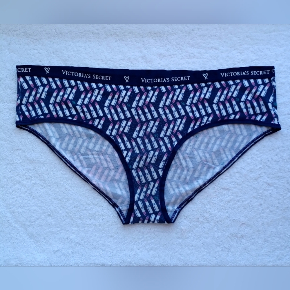 Victoria's Secret Navy Bikini Briefs with Pink Lipstick Print, Size XL